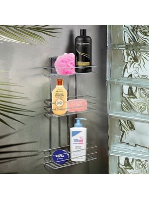 Mey İthalat Banyo Duş Rafı Şampuanlık Köşelik Kare Krom 3 Katlı Malzemelik Organizer Düzenleyici Mutfak Eşya Rafı