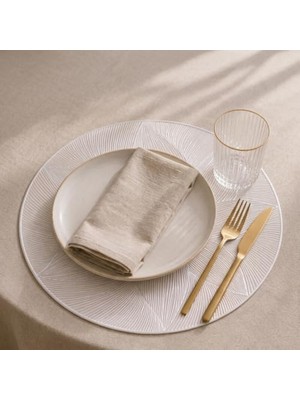 Mey İthalat 6'lı Plastik Amerikan Servis Seti, Yuvarlak 38 cm Beyaz Yaprak Desenli Supla, Yıkanabilir Silinebilir Tabak Altlığı, Yemek Masası Servis Sunum Matı