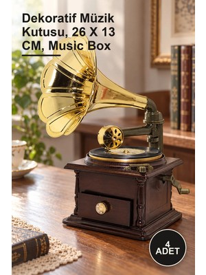 Yenilig 4 Adet Gramofon Müzik Kutusu – Dekoratif Müzik Kutusu, 26 x 13 Cm, Music Box
