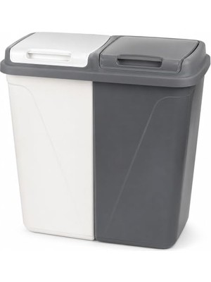Mey İthalat 90 L Çift Bölmeli Kirli Çamaşır Sepeti, 2 x 45 L Kapasiteli, Kapaklı Plastik Çamaşır Sepeti, Beyaz ve Renkliler Için Ayrı Bölmeli, 60 x 58 x 38 Cm, Gri-Beyaz