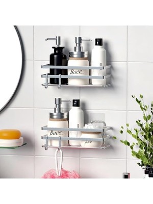 Mey İthalat Banyo Düzenleyici Yapışkanlı Metal Banyo Rafı Ikili Duş Rafı Organizer Şampuanlık KROM-GNRL281