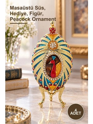 Yenilig 4 Adet Dekoratif Tavuskuşu Tasarımlı Kristal Taşlı Yumurta – Masaüstü Süs, Hediye, Figür, Peacock Ornament