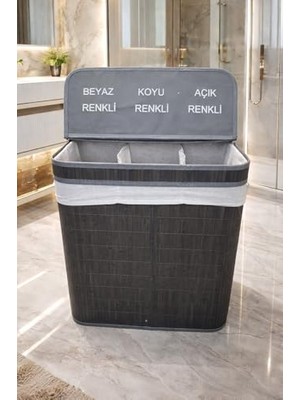 Mey İthalat Lüks Bambu 3 Bölmeli Çamaşır Kirli Sepeti 52X32X60 cm Büyük Boy 100 L (Antrasit)