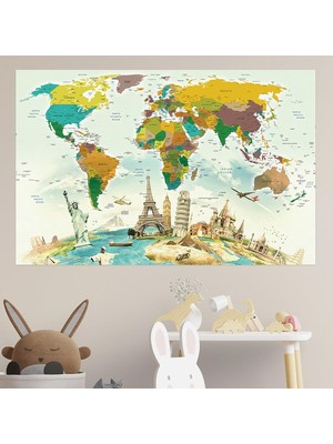 Mey İthalat Eğitici Öğretici Dünya Haritası Duvar Sticker, Fiziki Kreş Için (70X105 Cm.)