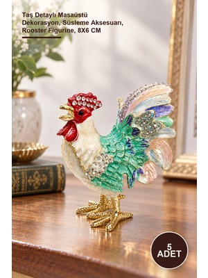 Yenilig 5 Adet Taşlı Horoz Figürü – Taş Detaylı Masaüstü Dekorasyon, Süsleme Aksesuarı, Rooster Figurine, 8x6 cm
