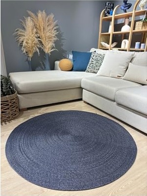 Trendexa Jüt Yuvarlak Hasır Görünümlü Klasik Halı Kilim Bambulacivert 110 x 110
