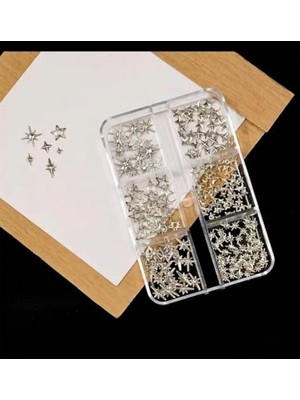Trendexa Yıldız ve Kuzey Yıldızı Dizayn 6 Grit Metal Tırnak Süsleme Charm Silver Nail Art Charm Taşları WN-529