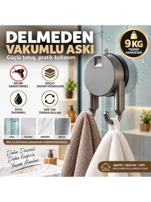 Trendexa Vakumlu Havlu Bornoz Askısı 9 kg Çift Kancalı Delmeden Montaj Banyo Mutfak Duvar Askısı