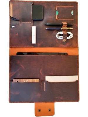Trendexa Hakiki Crazy Dana Derisi El Dikişli Tablet Organizer Çanta, Bordo, 13 Inç Tablet Için Ideal, Toplantı ve Seyahat Düzenleyici