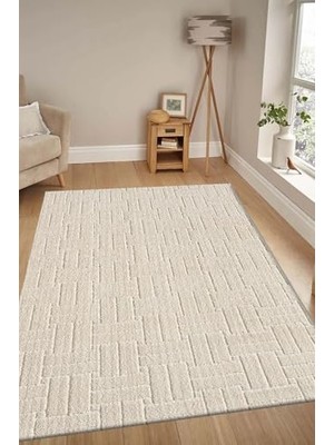 Trendexa Kaymaz Taban Moopy Krem Rengi Bukleli Yumuşak Soft Dokuma Yolluk Halı Salon Halısı LP1001A, 120 x 180
