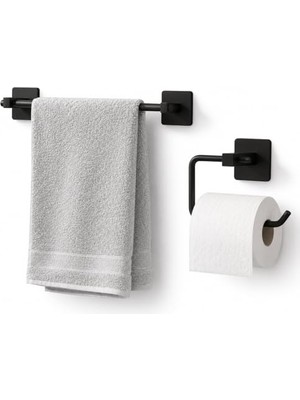 Trendexa 2'li Siyah Banyo Aksesuar Seti, Uzun Havluluk ve Wc Tuvalet Kağıtlığı, Hem Yapışkanlı Hem Vidalı Montajlı, Mat Siyah Statik Boyalı Banyo Seti