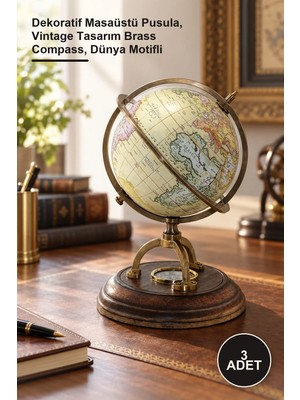 Yenilig 3 Adet Pirinç Pusulalı Dünya – Dekoratif Masaüstü Pusula, Vintage Tasarım Brass Compass, Dünya Motifli