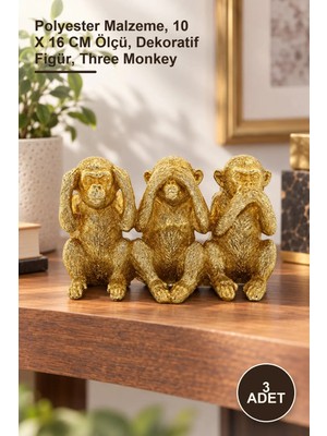 Yenilig 3 Adet Polyester 3 Maymun Desenli Aksesuar – Polyester Malzeme, 10 x 16 cm Ölçü, Dekoratif Figür, Three Monkey