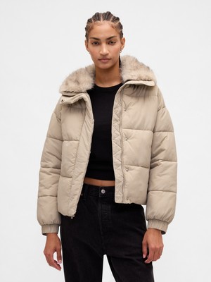 Gap Kadın Bej Faux Fur-Trim Puffer Şişme Mont