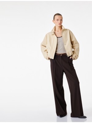 Koton Uzun Kollu Cepli Fermuarlı Dik Yaka Crop Gabardin Bomber Ceket