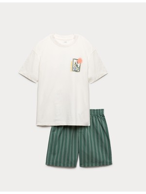 Marks & Spencer Grafik Baskılı Çizgili Şortlu Pijama Takımı (6-16 Yaş)