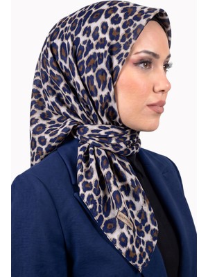 Hadiora Kadın Lacivert Leopar Desenli Pamuklu Dikişli Yazma