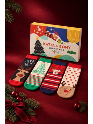 Katia & Bony Unisex Yılbaşı Kutulu Soket Çorap %82 Pamuk Desenli 4'lü Paket Yumuşak Dokulu