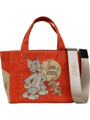Dogo Kadın Vegan Turuncu Medium Tote Bag - Warner Bros Tom & Jerry Tasarım