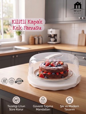 Muf Home Kilitli Kapaklı Kek ve Pasta Fanusu - Şeffaf, Pratik ve Güvenli Taşıma Pasta Saklama Kabı Kek Standı (24 x 13  Cm)