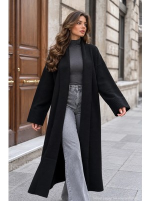 Quhox Kadın Uzun Oversize Triko Hırka Düğmesiz Salaş Fit - Siyah