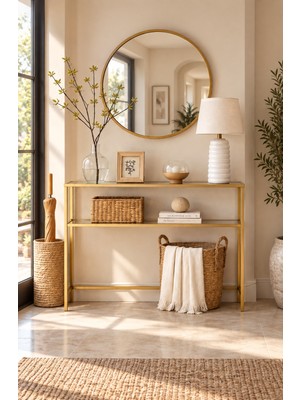 Teknor Gold Çerçeveli Şeffaf Cam Raflı Dresuar Modern Salon ve Antre Konsolu 100*90*20 cm