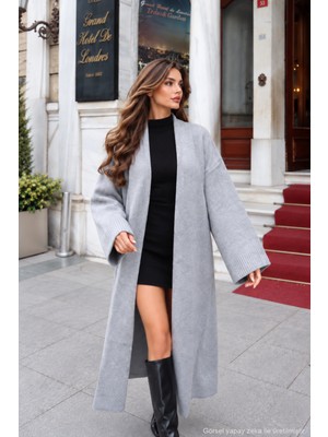 Quhox Kadın Uzun Oversize Triko Hırka Düğmesiz Salaş Fit - Gri