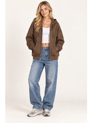 Tarz Cool Unisex Oversize Fermuarlı Kapüşonlu Sweatshirt – 3 Iplik Şardonlu