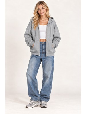 Tarz Cool Unisex Oversize Fermuarlı Kapüşonlu Sweatshirt – 3 Iplik Şardonlu