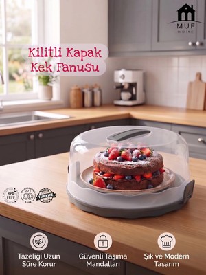 Muf Home Kilitli Kapaklı Kek ve Pasta Fanusu - Şeffaf, Pratik ve Güvenli Taşıma Pasta Saklama Kabı Kek Standı (24 x 13  Cm)