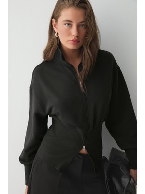 Ethiquet Vıvaldı Kadın Organik Pamuklu Beli Korseli Fermuarlı Siyah Sweatshirt