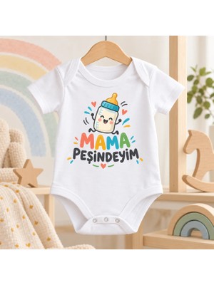 Igıgı Collection Mama Peşindeyim Baskılı %100 Pamuk Beyaz Unisex Bebek Zıbın