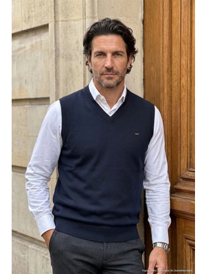 Çizgi Triko Erkek Büyük Beden V Yaka Lacivert Süveter Selanik Örgü Klasik Kalıp - 5550H Bat