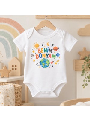 Igıgı Collection Benim Dünyam Baskılı %100 Pamuk Beyaz Unisex Bebek Zıbın