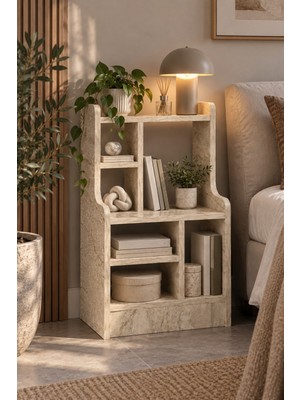 Sulora Home Sulorahome Çok Bölmeli Dekoratif Yan Sehpa ve Raflı Komodin Nature Traverten