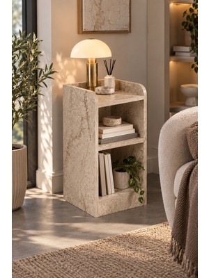 Sulora Home Sulorahome Traverten Görünümlü 3 Katlı Dekoratif Komodin ve Kitaplık Raf