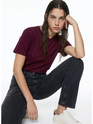 Mustang Bordo Kadın Bisiklet Yaka Relaxed Fit %100 Pamuk T-Shirt M4WL-TST-1903