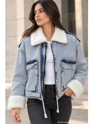 Polo State Kadın Peluş Detaylı Cepli Yıkamalı Jean Ceket