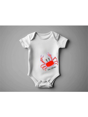Igigi Collection Igıgı Sevimli Yengeç Baskılı %100 Pamuk Kısa Kollu Beyaz Unisex Bebek Zıbın