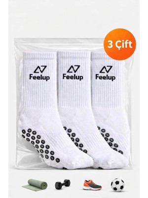 Feelup 3 Çift Kaydırmaz Taban Futbol ve Halı Saha Çorabı Beyaz - Yoga, Pilates Uyumlu Dikişsiz