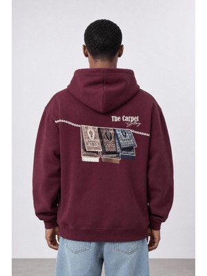 Respire Erkek Carpet Patch Detaylı Oversize Hoodie Bordo