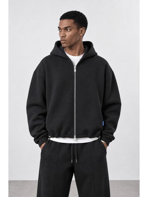 Respire Erkek Lastik Detaylı Panda Oversize Zip Siyah