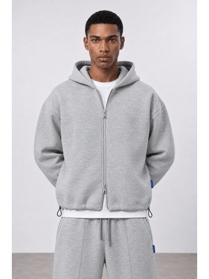 Respire Erkek Lastik Detaylı Panda Oversize Zip Gri Melanj