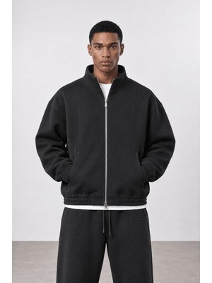 Respire Erkek Crop Fit Panda Oversize Zip Siyah