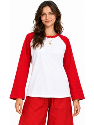 Kadın Kırmızı Beyaz Renk Bloklu Raglan Uzun Kol Pamuk T-Shirt E26-NM2670