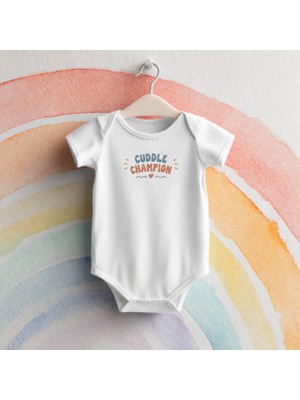 Igigi Collection Igıgı Collection Sarılma Şampiyonu Baskılı %100 Pamuk Kısa Kollu Beyaz Unisex Bebek Zıbın