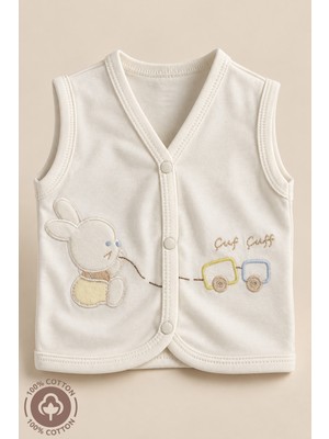 Miniel Unisex Bebek Tren Tavşan Nakışlı %100 Organik Pamuklu Penye Bebek Yelek