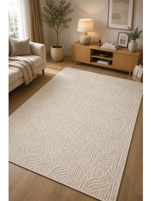 Talvora Home Premium Moopy Bukle Desenli Krem Kaymaz Taban Halı – Yumuşak Dokulu, Yıkanabilir, Modern Salon Yatak Odası Oturma Odası Halısı