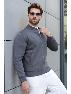 Madmext Füme Peluş Astarlı Fermuarlı Erkek Sweat Hırka  E7214