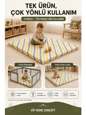 120X120X6 cm Oyun Alanına Uygun Katlanabilir Sünger Oyun Parkı Minderi Bebek Yatağı-Sarı Gri Zikzak